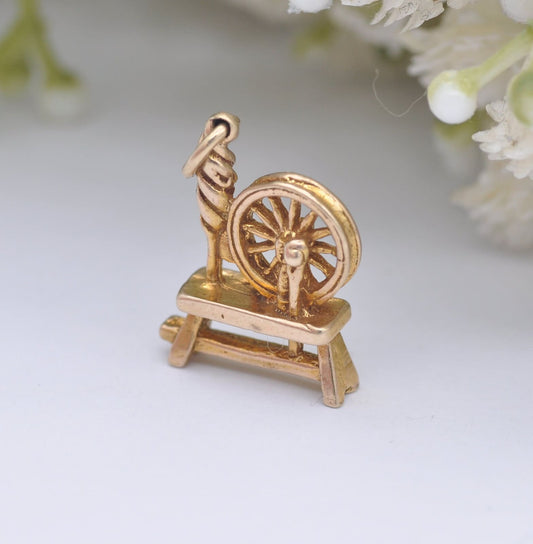 Vintage 9ct Gold Spinning Wheel Charm Pendant by W J Sutton 1968