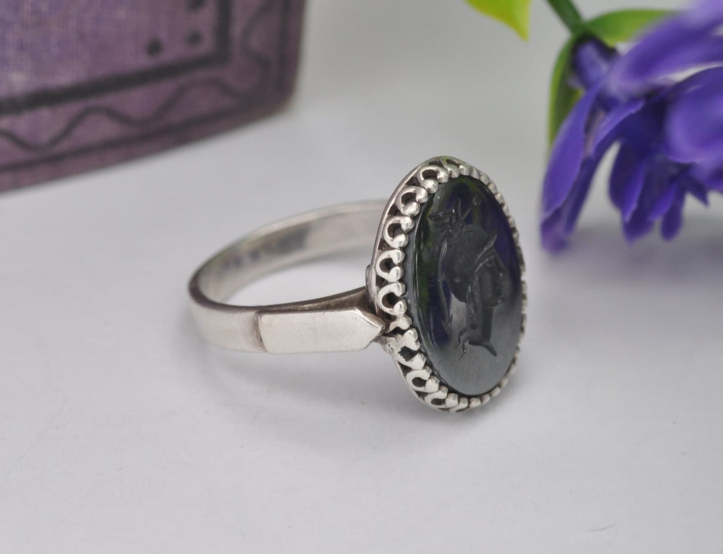 Vintage Sterling Silver Hematite Intaglio Signet Ring