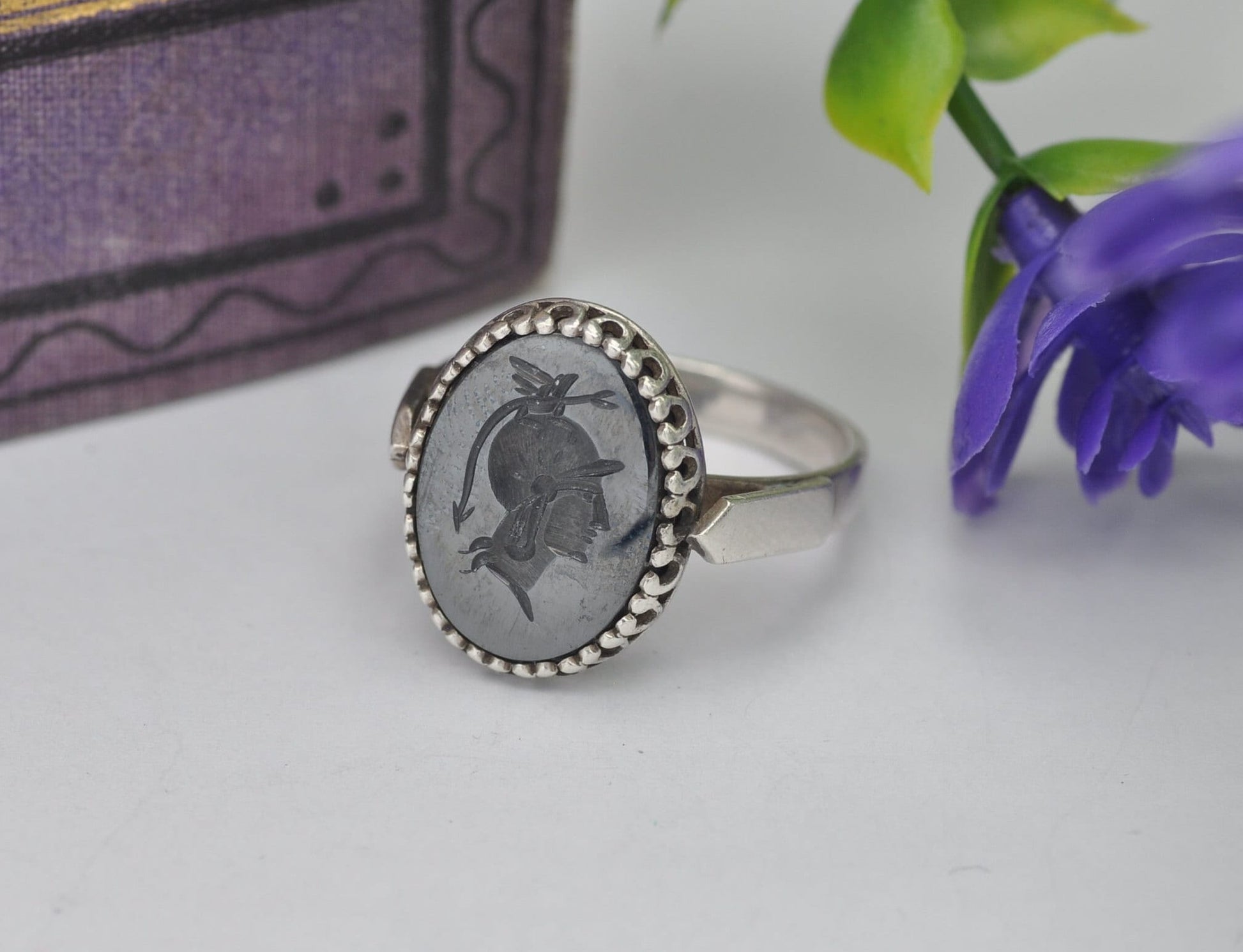 Vintage Sterling Silver Hematite Intaglio Signet Ring