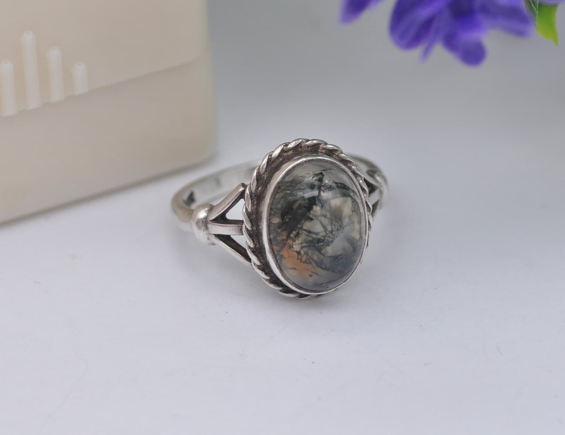 Vintage Sterling Silver Moss Agate Ring