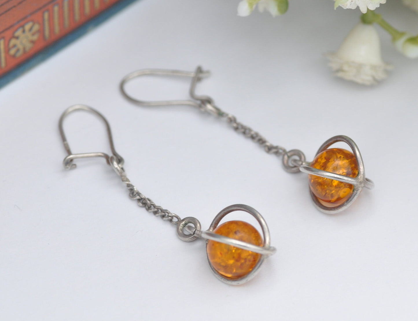 Vintage Sterling Silver Baltic Amber Orb Drop Earrings