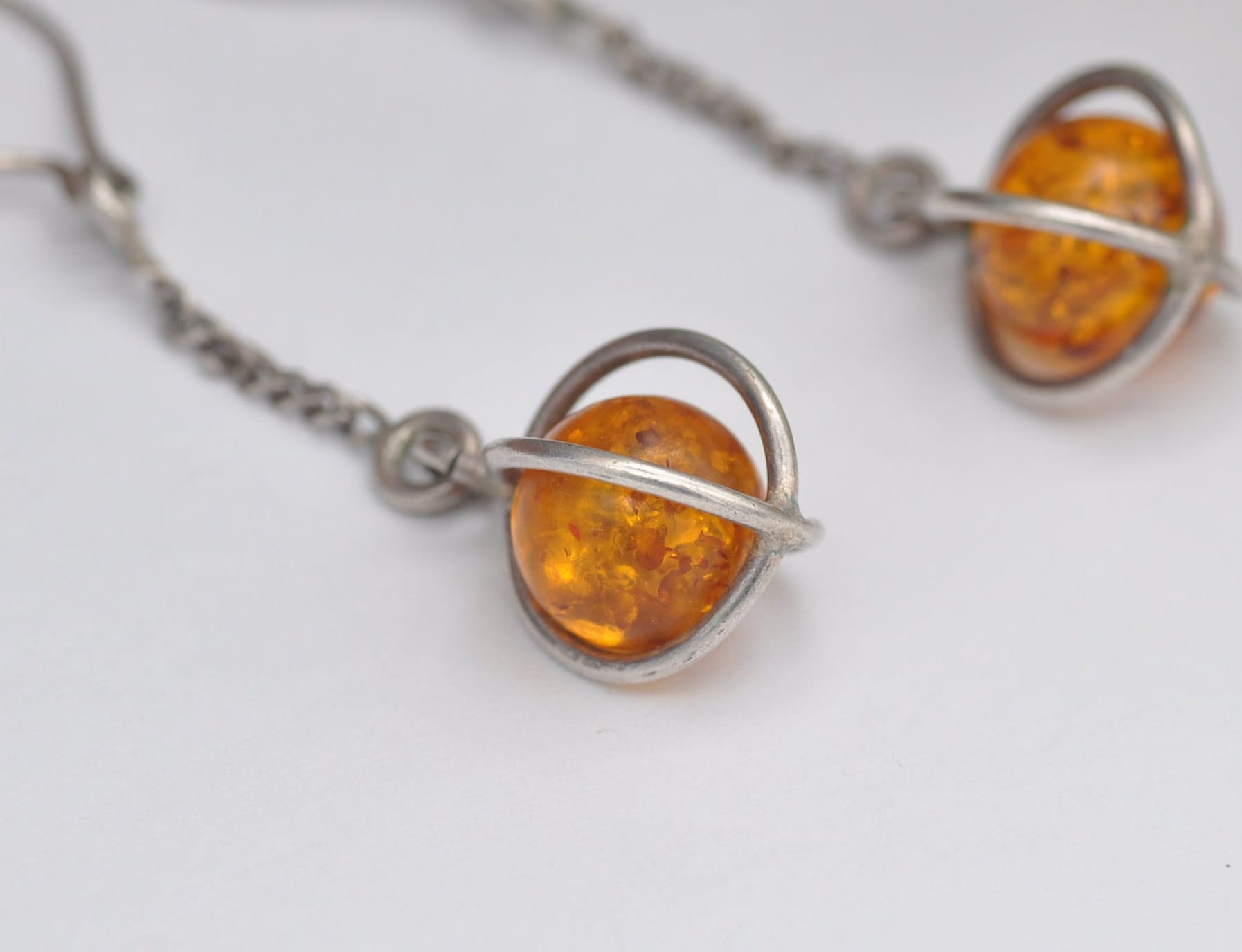 Vintage Sterling Silver Baltic Amber Orb Drop Earrings