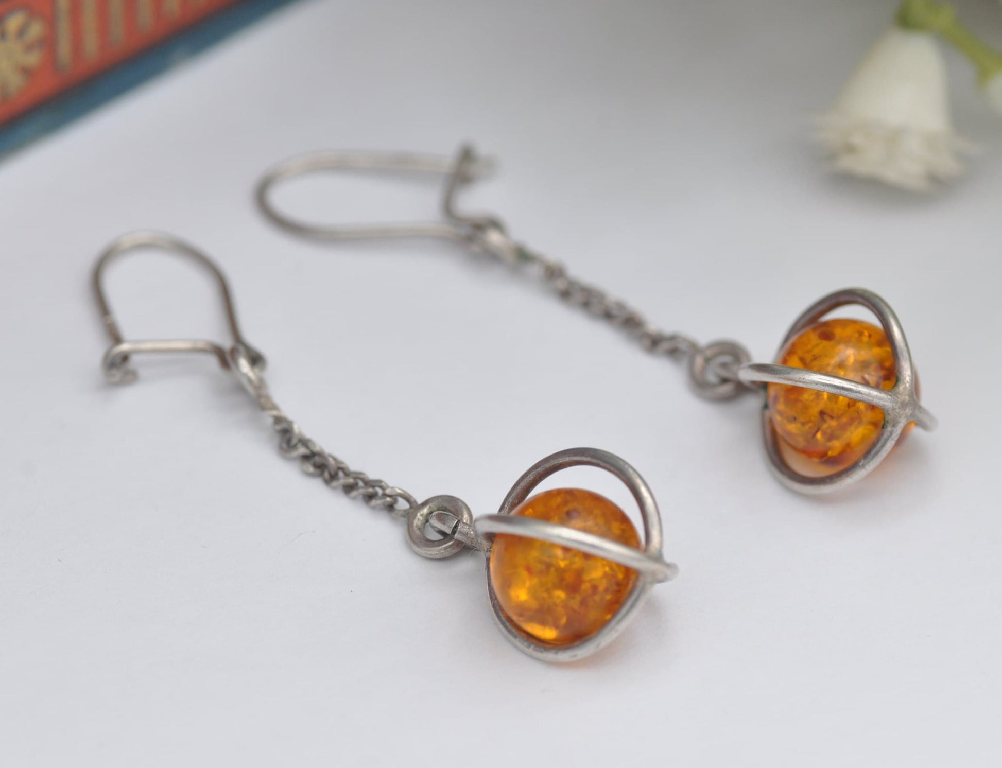 Vintage Sterling Silver Baltic Amber Orb Drop Earrings