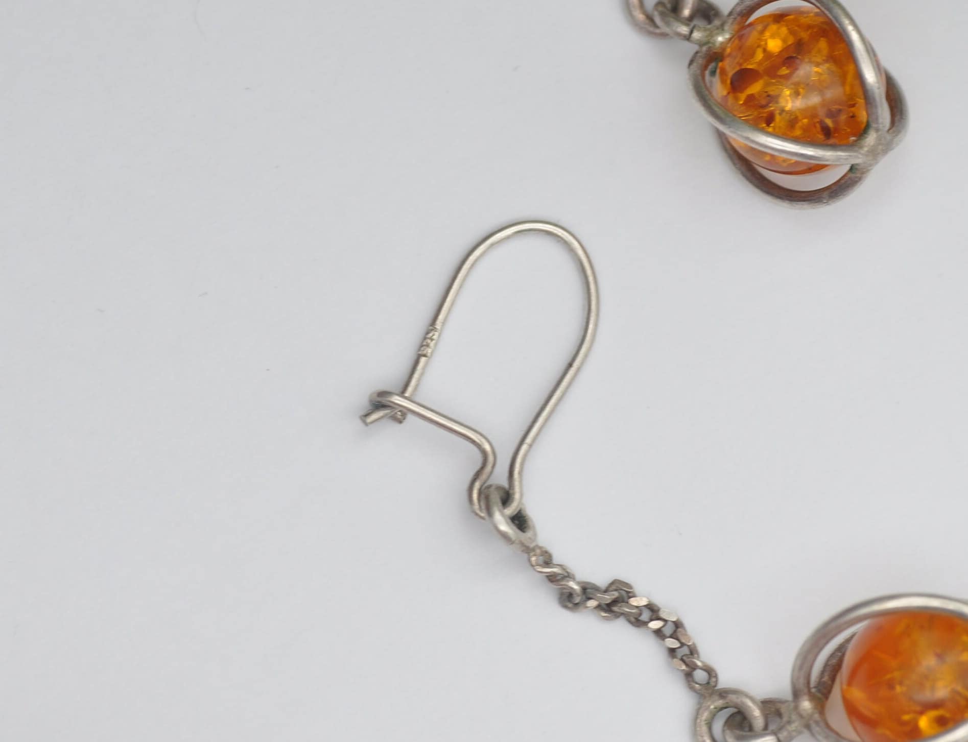 Vintage Sterling Silver Baltic Amber Orb Drop Earrings