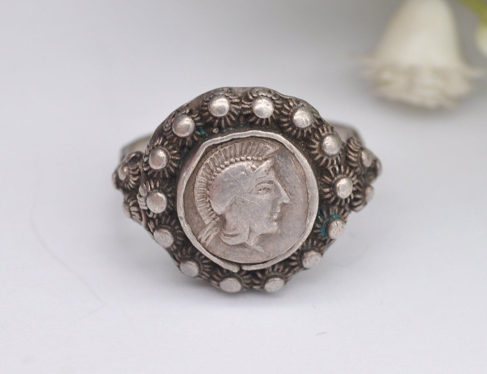 Vintage Etruscan Style Silver Ancient Greek Goddess Athena and Owl Coin Ring