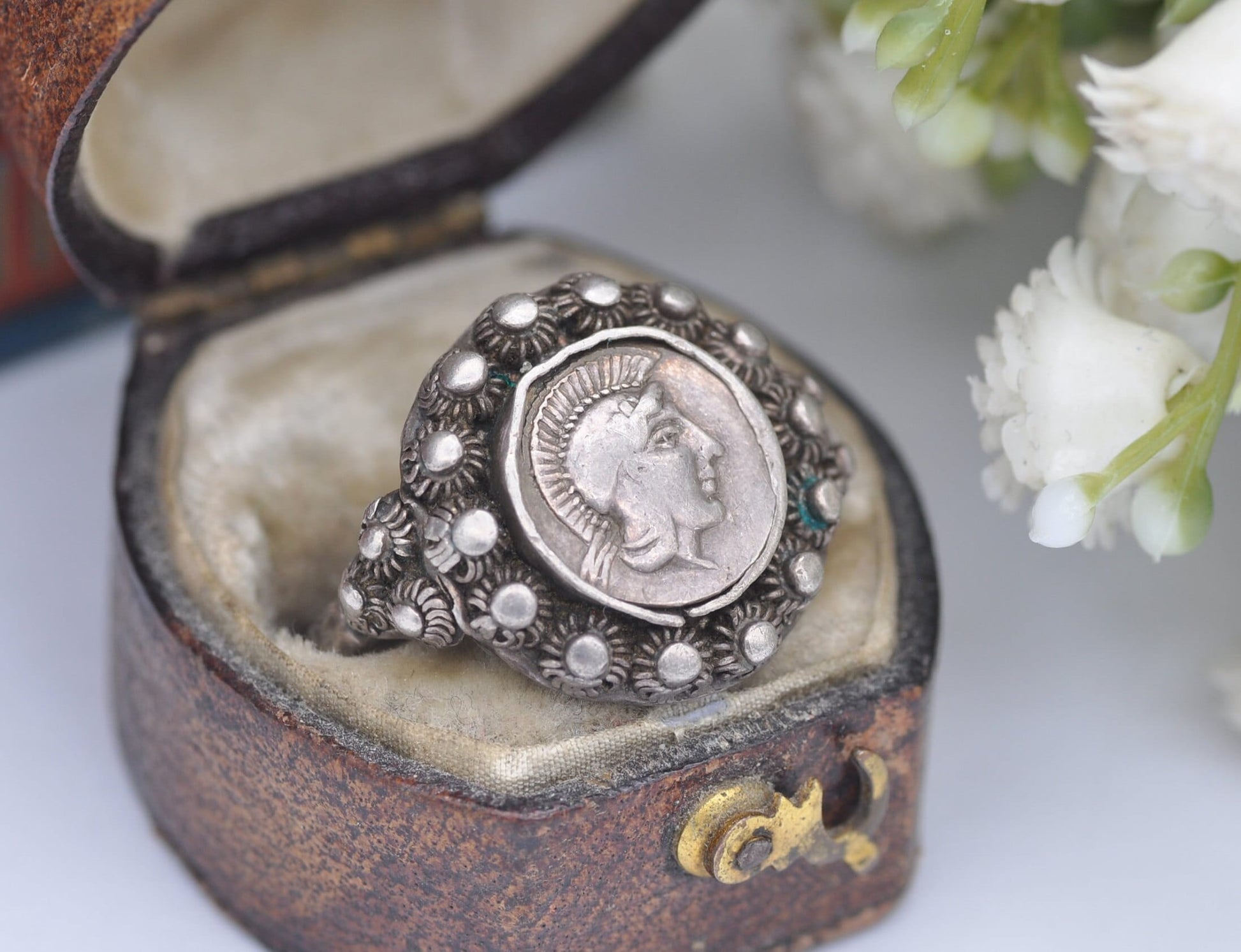 Vintage Etruscan Style Silver Ancient Greek Goddess Athena and Owl Coin Ring