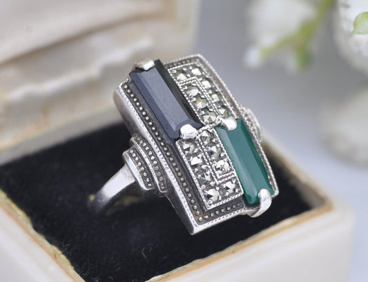 Vintage ART Sterling Silver Art Deco Style Ring 1990 - Chrysoprase Onyx Marcasite / UK Size - P 1/2 / US Size - 7 3/4