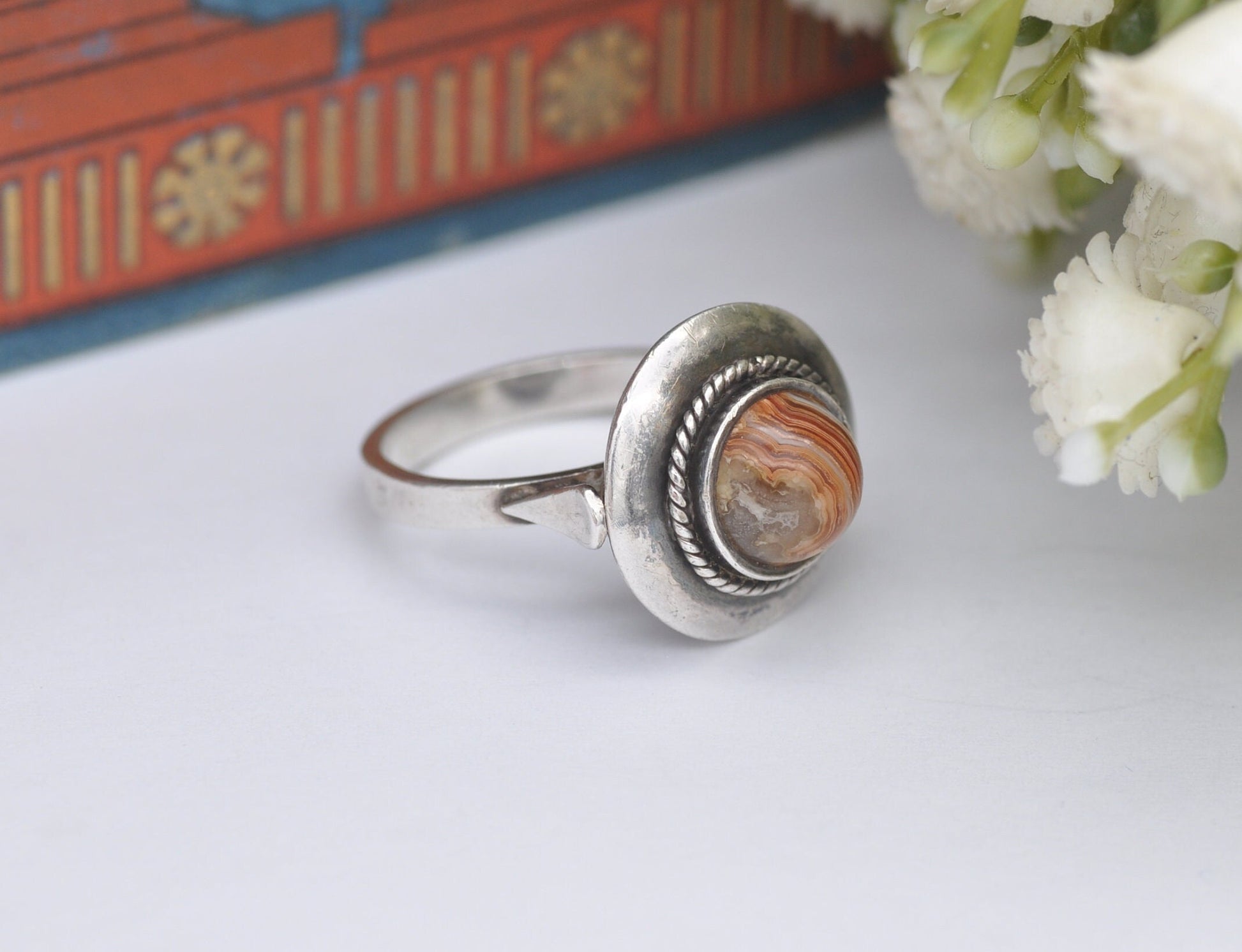 Vintage Sterling Silver Banded Agate Ring