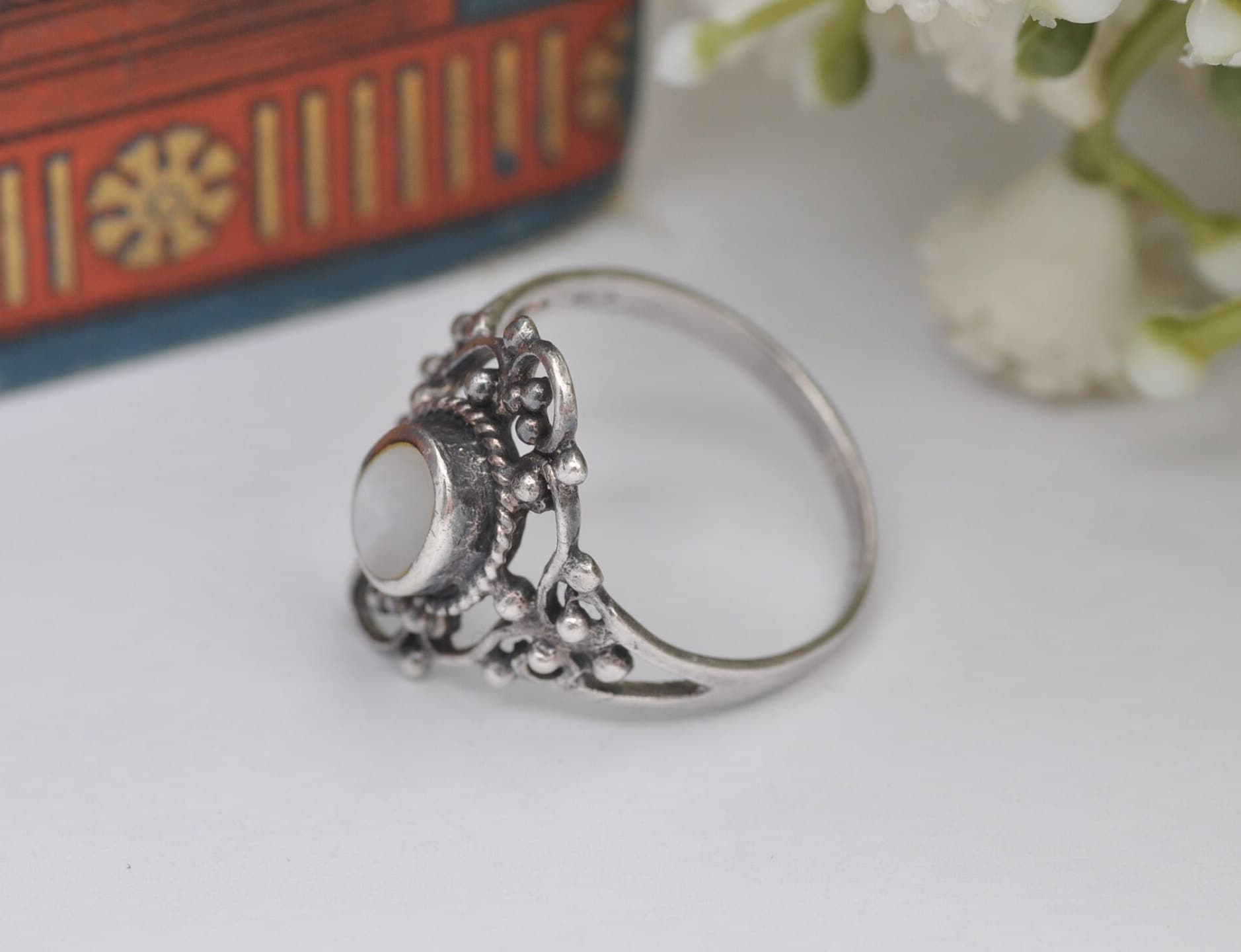 Vintage Sterling Silver Mother of Pearl Ring with Ornate Openwork Band