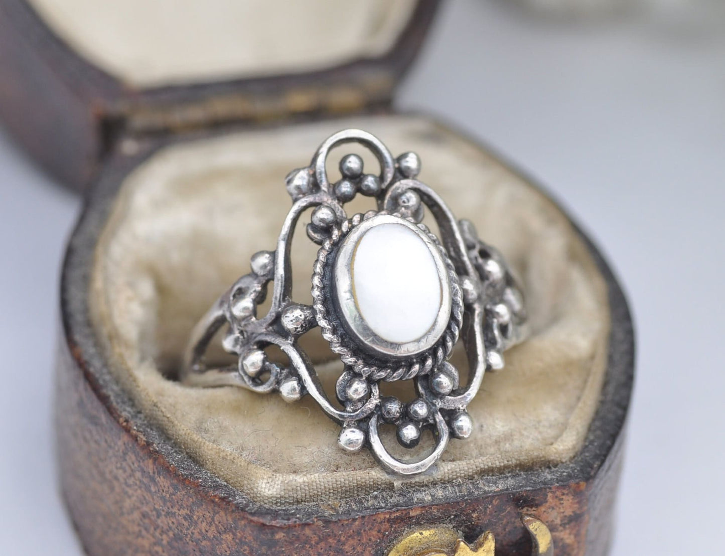 Vintage Sterling Silver Mother of Pearl Ring with Ornate Openwork Band