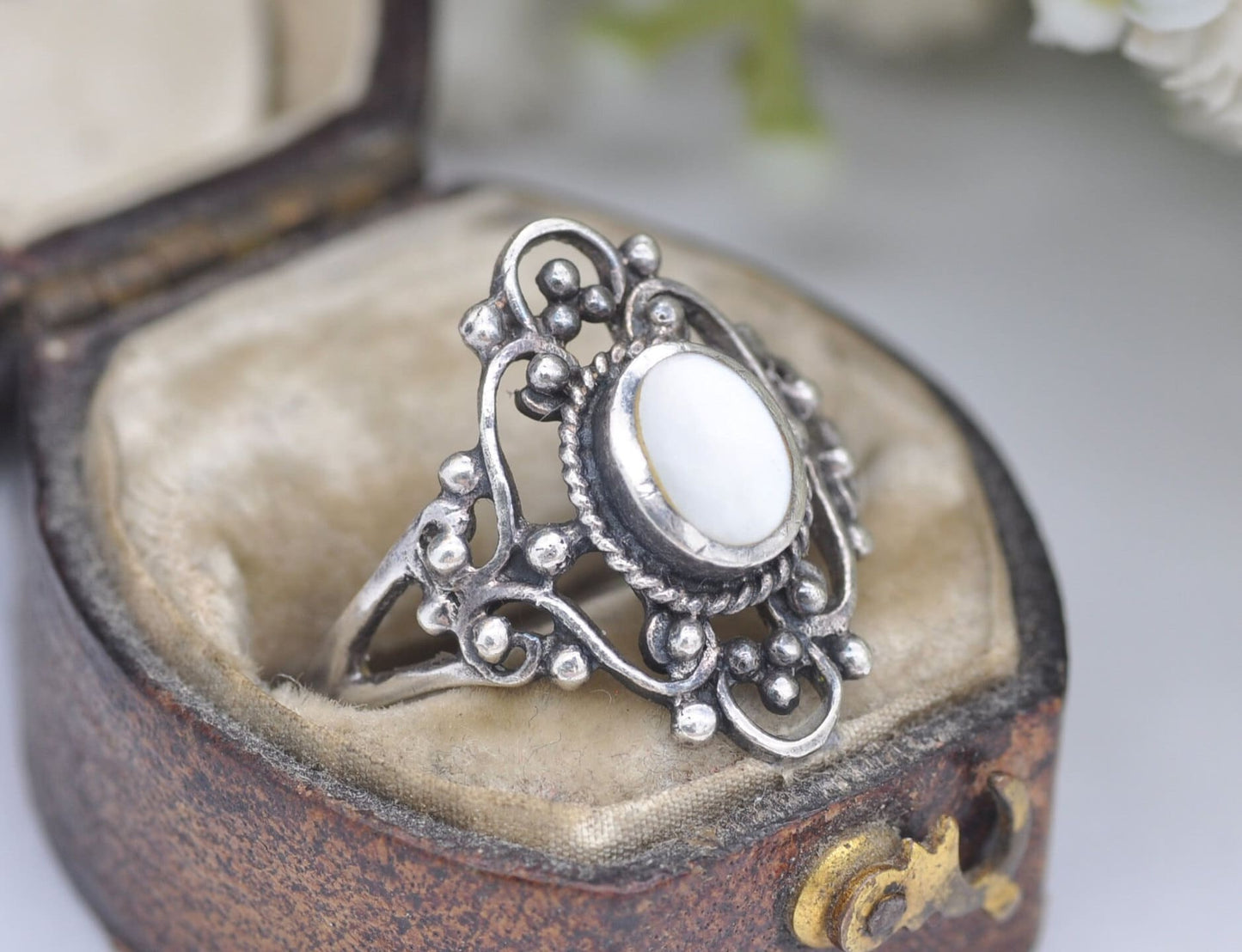 Vintage Sterling Silver Mother of Pearl Ring with Ornate Openwork Band