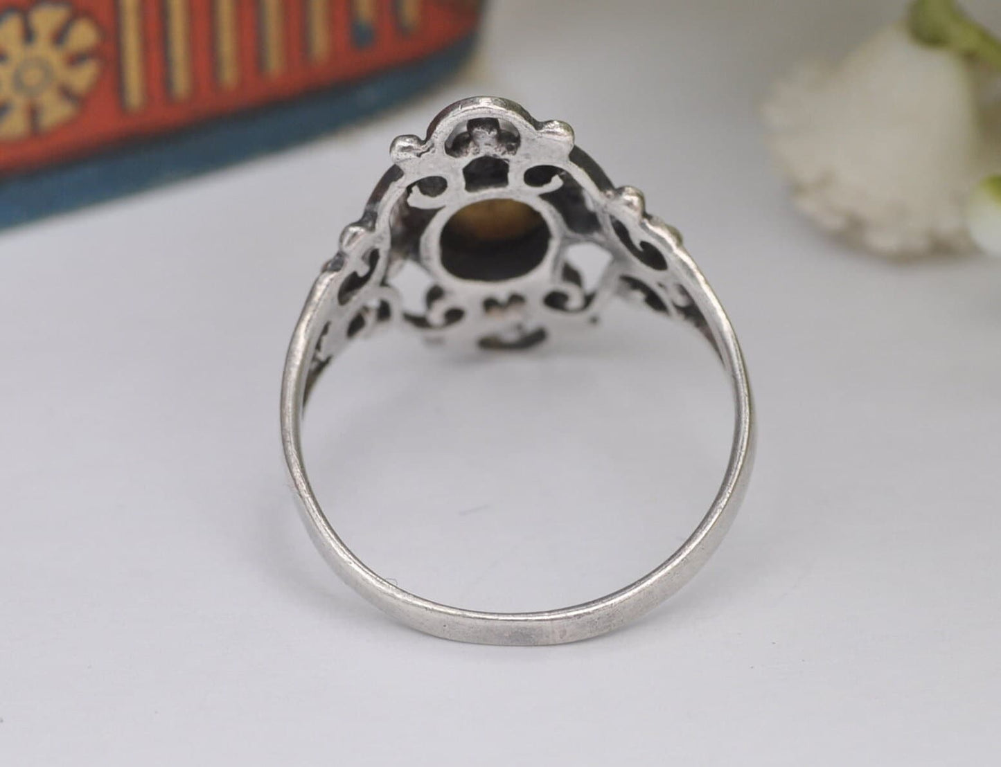 Vintage Sterling Silver Mother of Pearl Ring with Ornate Openwork Band