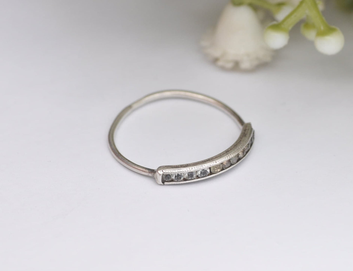 Antique Art Deco Sterling Silver Half Eternity Ring with Channel Set Clear Stones