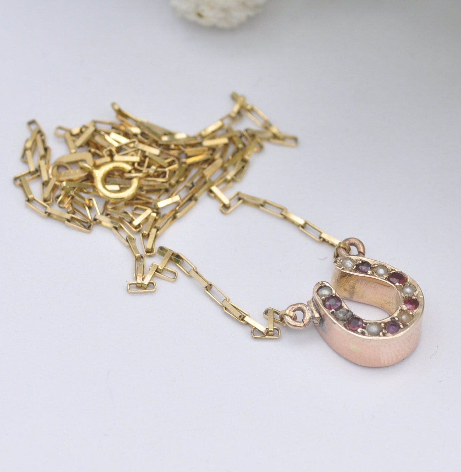 Antique Victorian 9ct Rose Gold Garnet Seed Pearl Pendant Necklace - Lucky Horseshoe