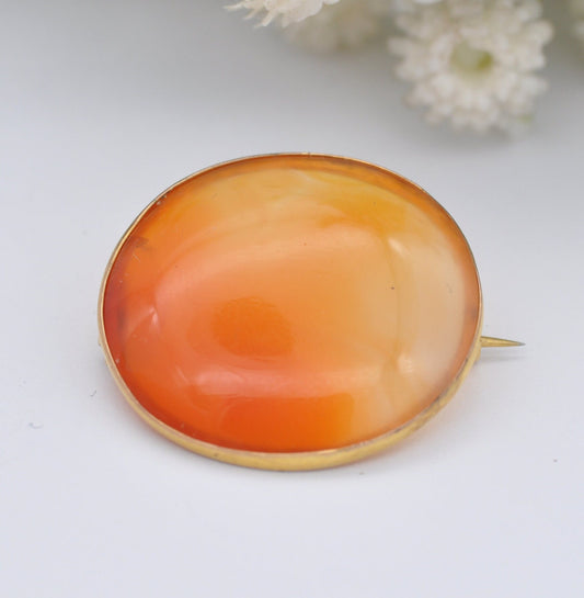 Antique Victorian 9ct Gold Carnelian Brooch - Circle Cabochon