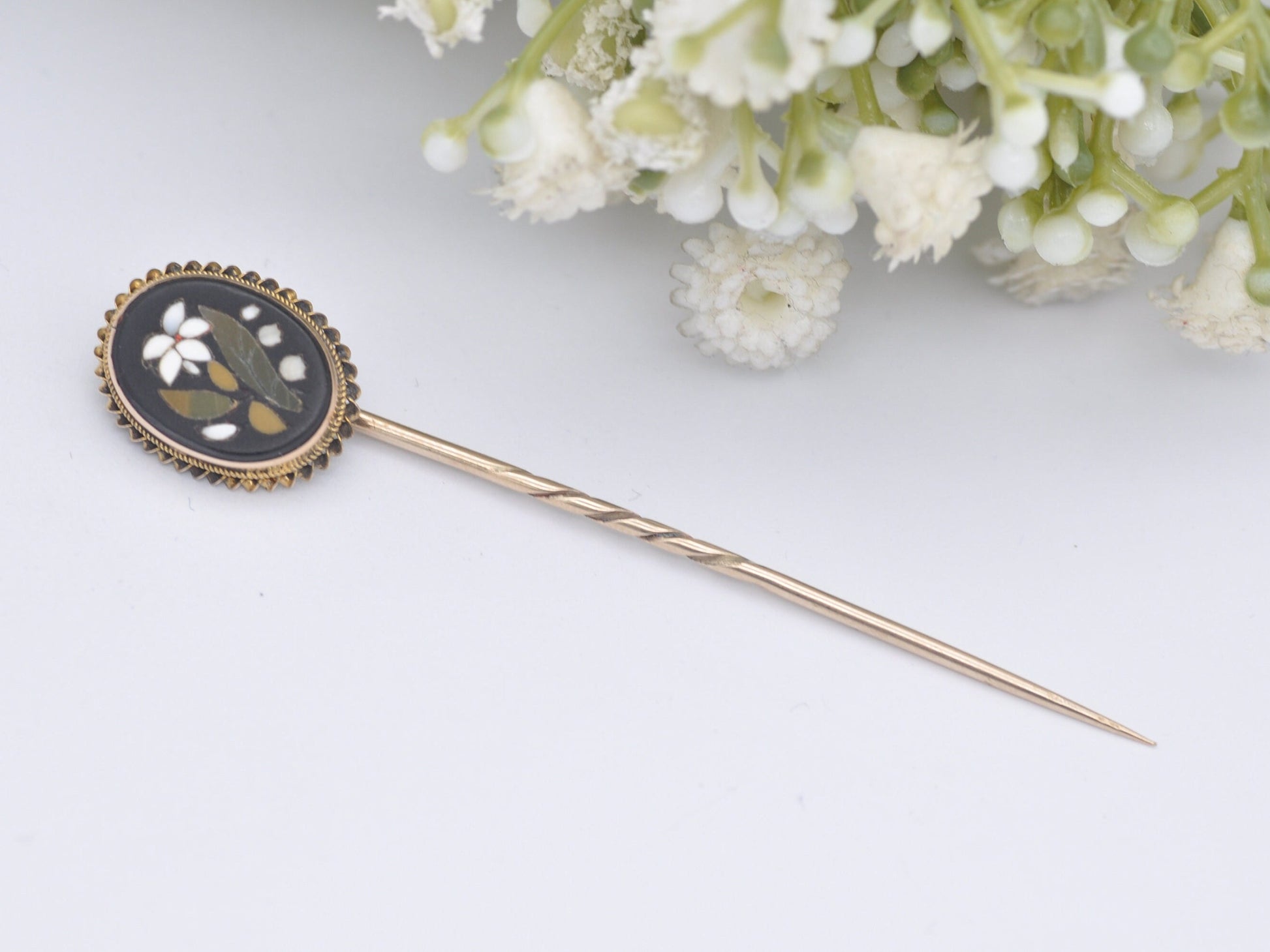 Antique Victorian 9ct Gold Pietra Dura Stick Pin - Hardstone Gem Inlay Mosaic | Flower Tie or Lapel Pin