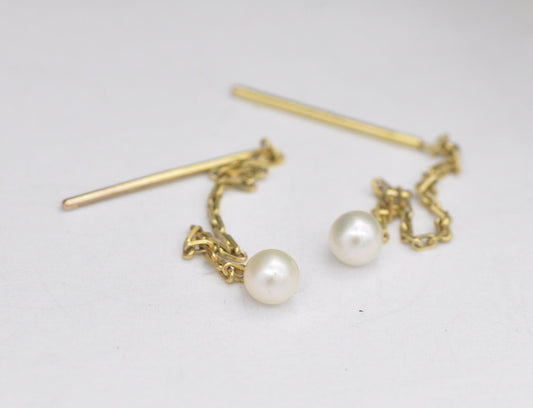 Vintage 9ct Gold Pearl Drop Threader Earrings 1981