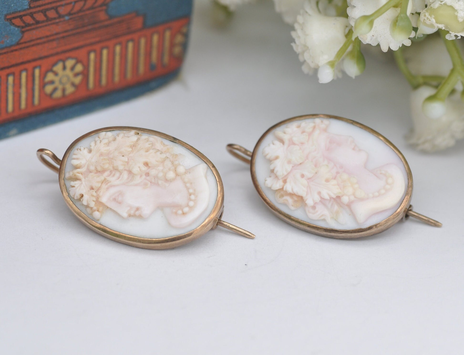 Antique Victorian Gold Angel Skin Coral Cameo Earrings