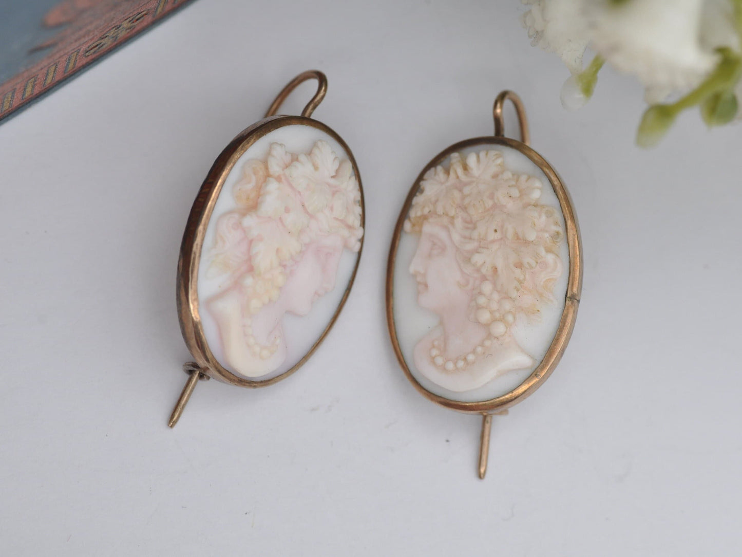 Antique Victorian Gold Angel Skin Coral Cameo Earrings