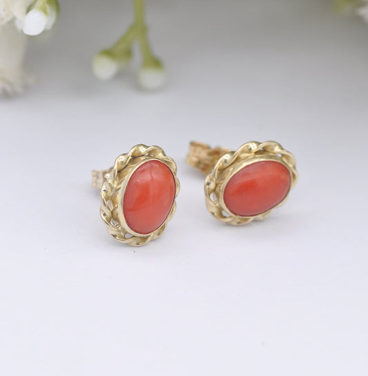 Vintage 18ct Gold Coral Stud Earrings - Italian Gold | Cabochon Oval Twist