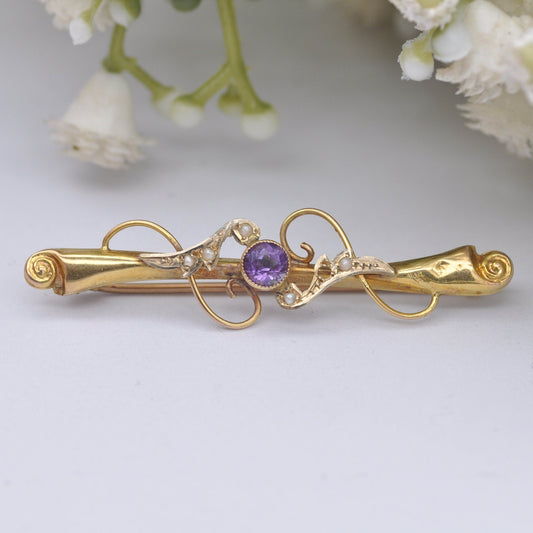 Antique Edwardian 9ct Gold Pearl and Amethyst Paste Bar Brooch