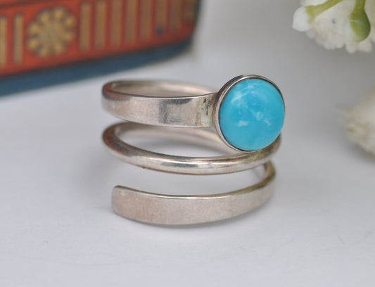 Vintage Mexico Sterling Silver Wrap Ring Mottled Blue Stone 1990s