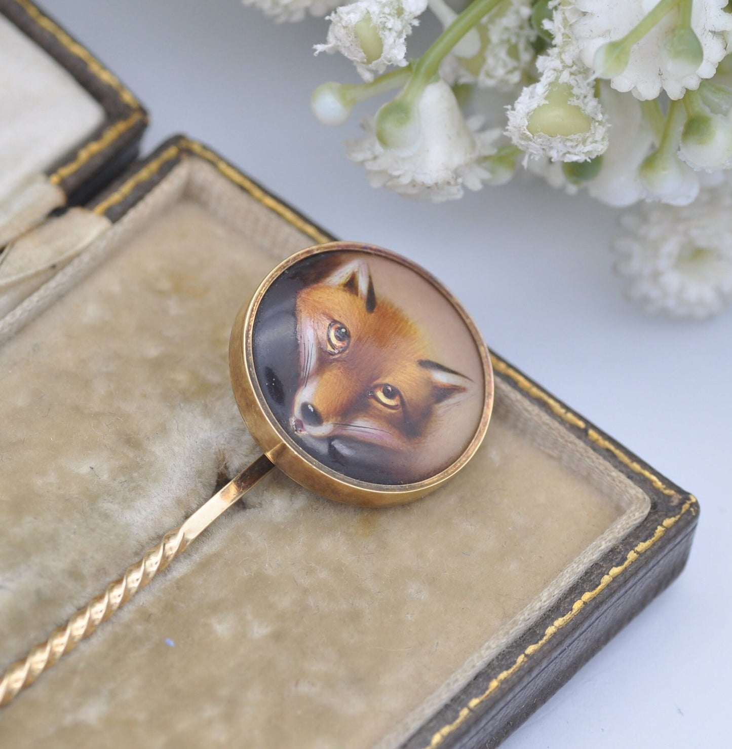 Antique Victorian 18ct Gold Stick Pin with Hand Painted Fox by John William Bailey