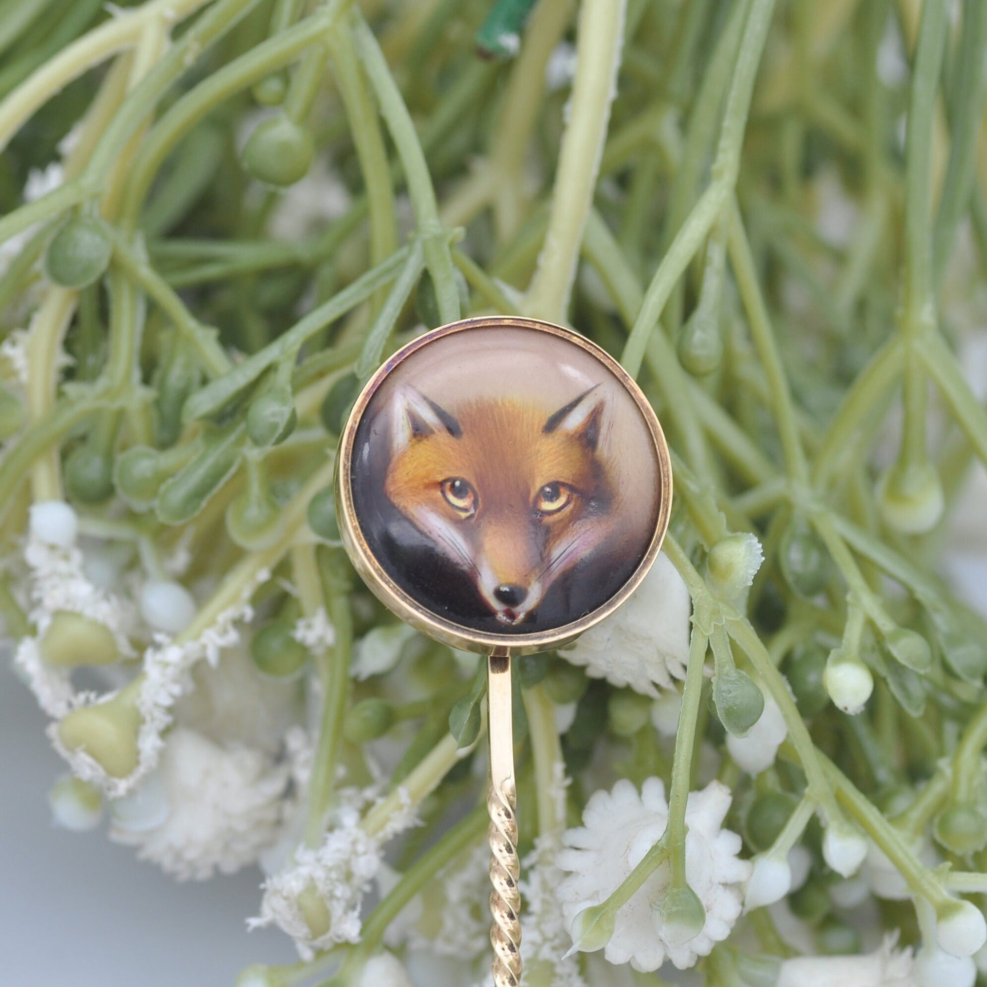 Antique Victorian 18ct Gold Stick Pin with Hand Painted Fox by John William Bailey