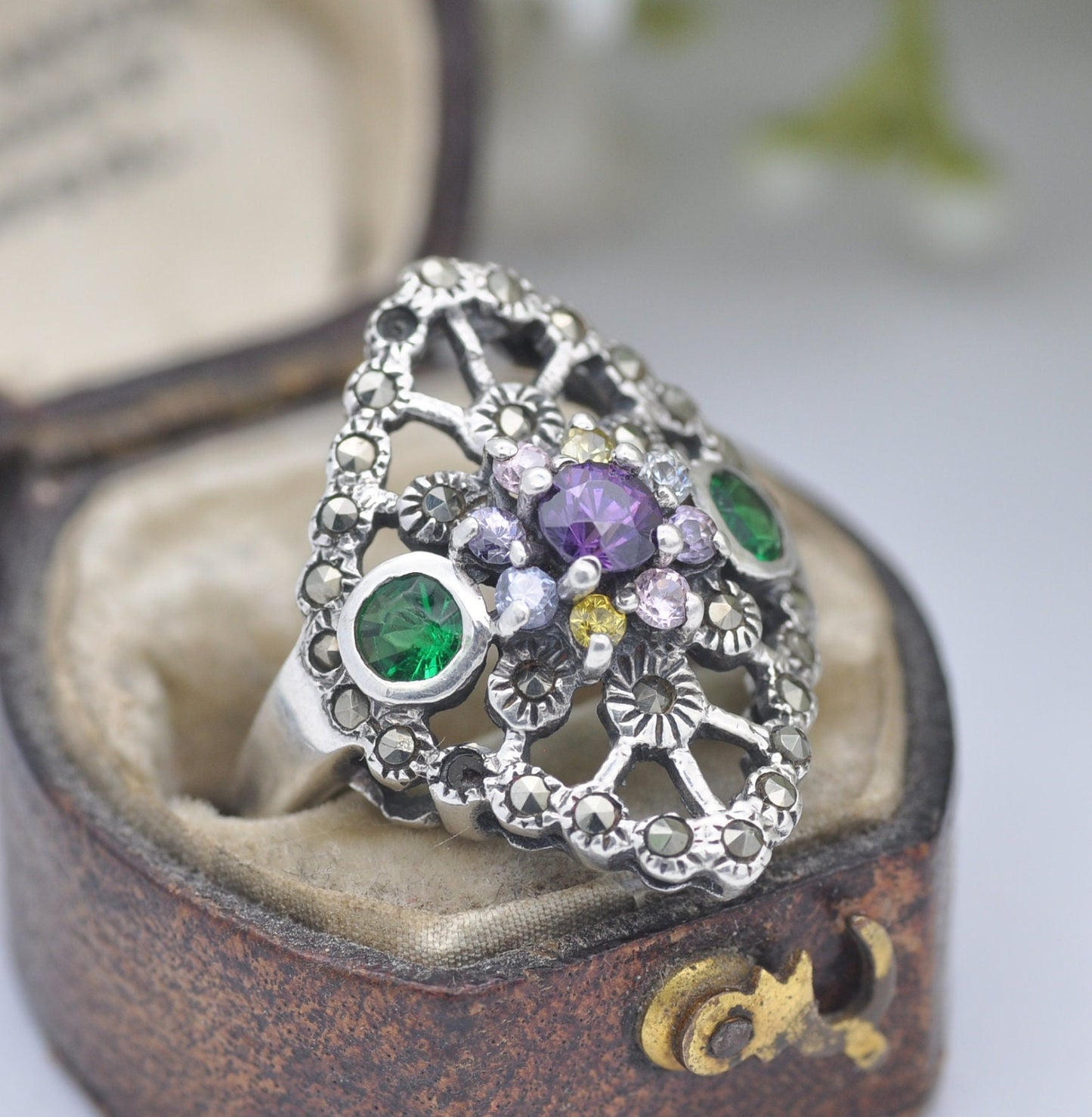 Vintage Sterling Silver Multiple Gemstone Amethyst and Marcasite Ring - Colourful Multigem | UK Size - M | US Size - 6