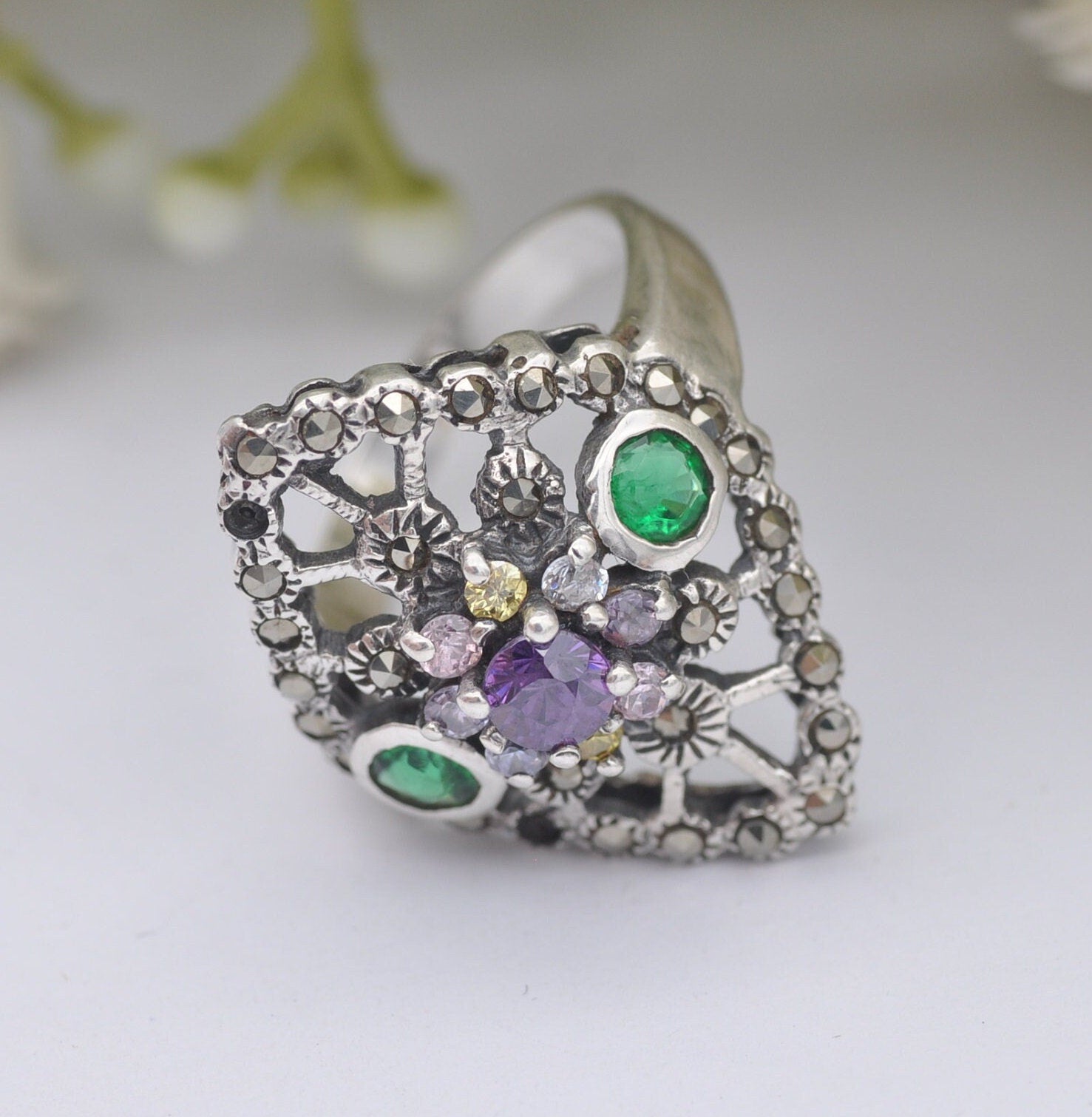 Vintage Sterling Silver Multiple Gemstone Amethyst and Marcasite Ring - Colourful Multigem | UK Size - M | US Size - 6