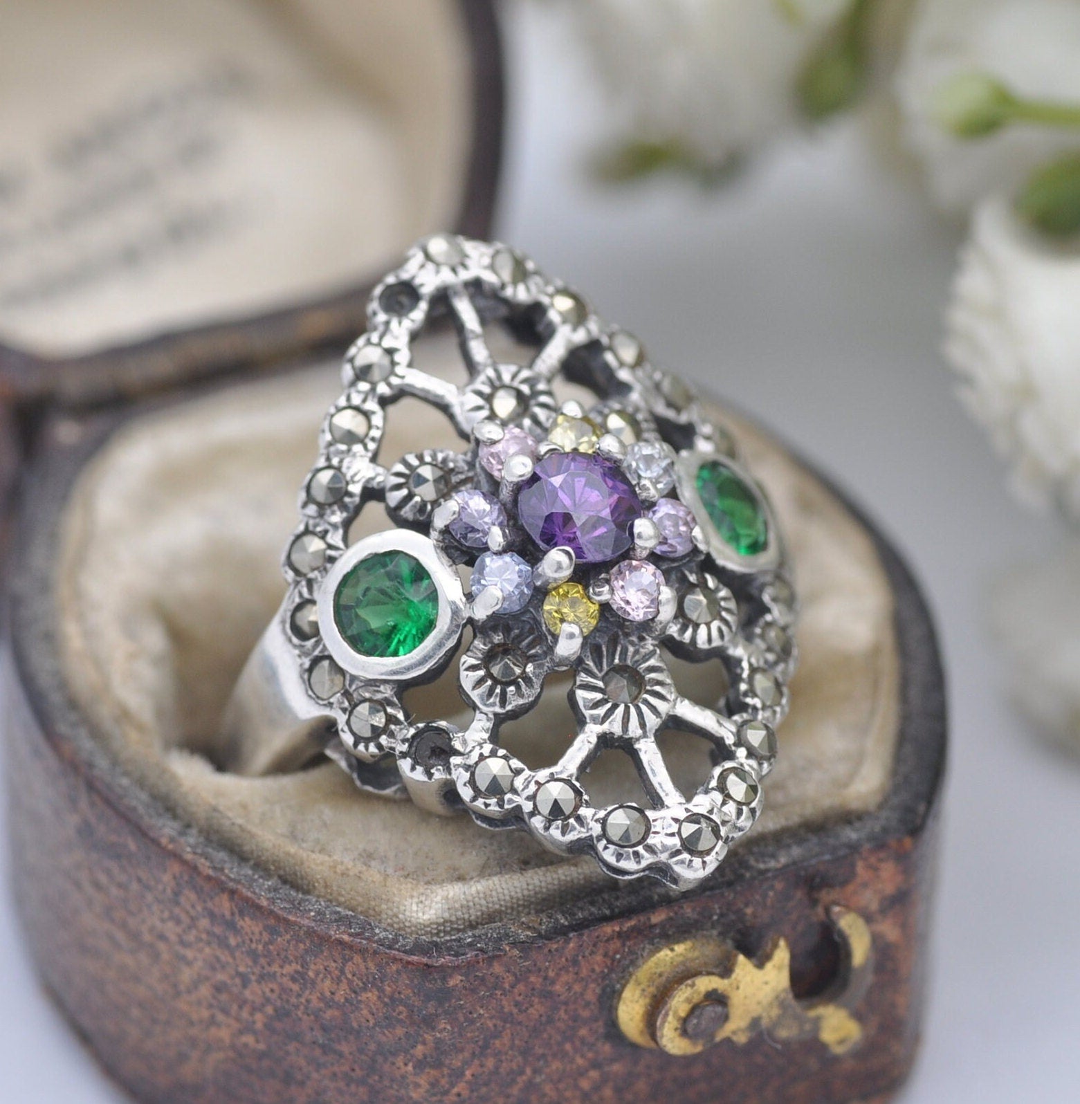 Vintage Sterling Silver Multiple Gemstone Amethyst and Marcasite Ring - Colourful Multigem | UK Size - M | US Size - 6