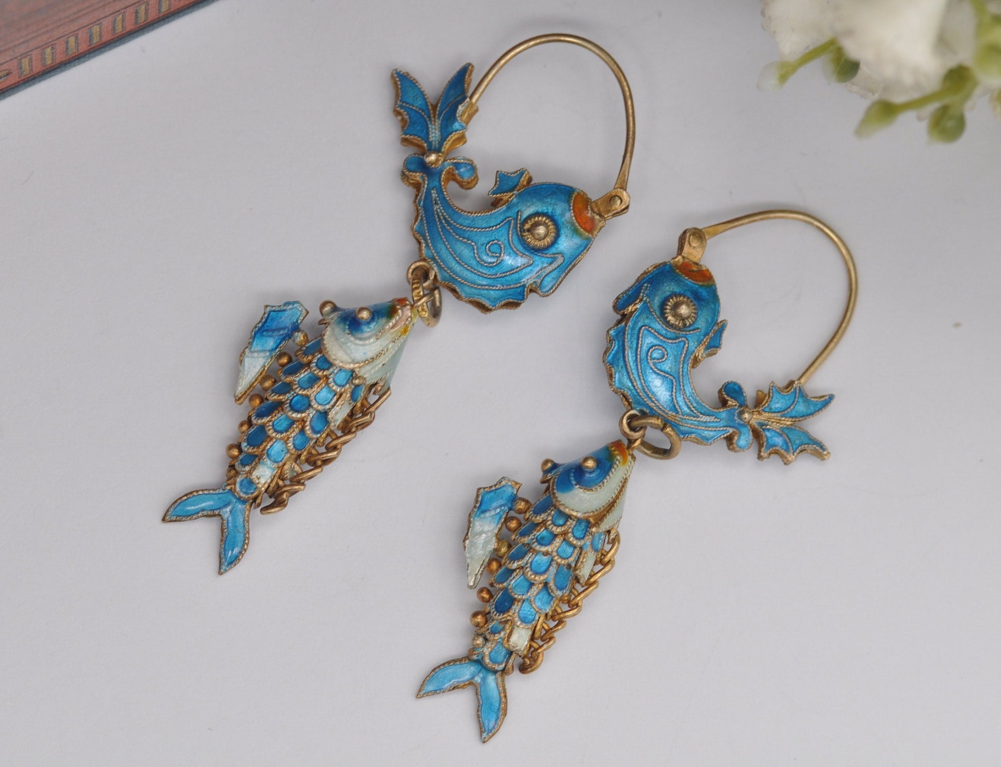 Vintage Chinese Silver Cloisonn�� Enamel Articulated Fish Drop Earrings