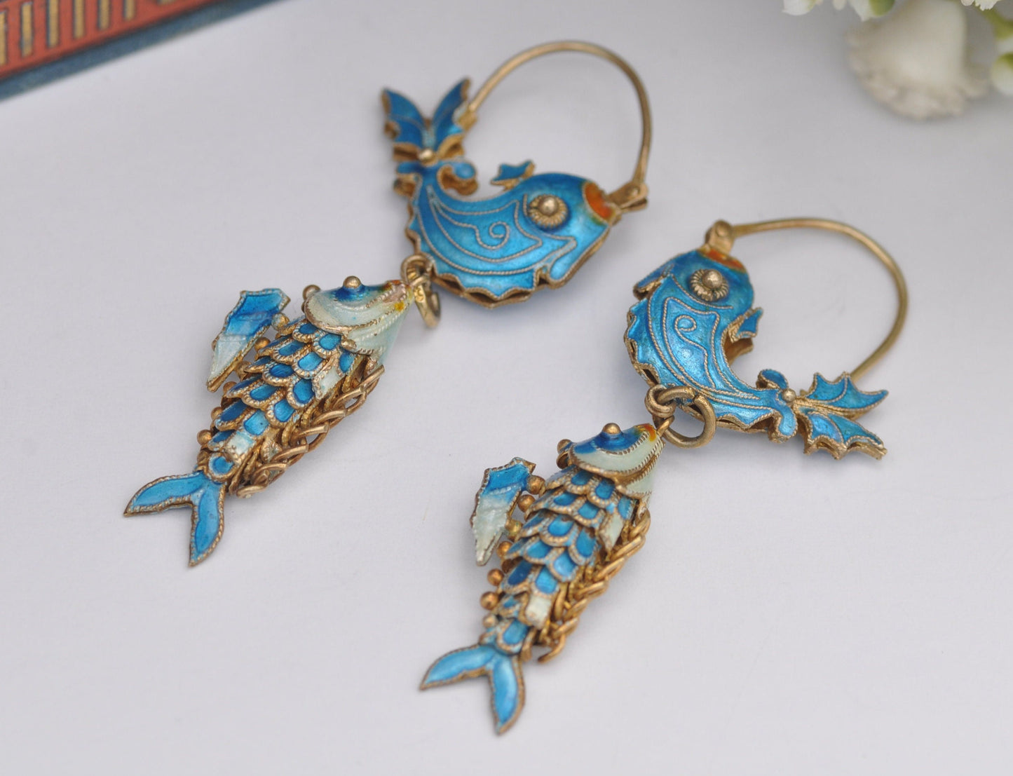 Vintage Chinese Silver Cloisonn�� Enamel Articulated Fish Drop Earrings