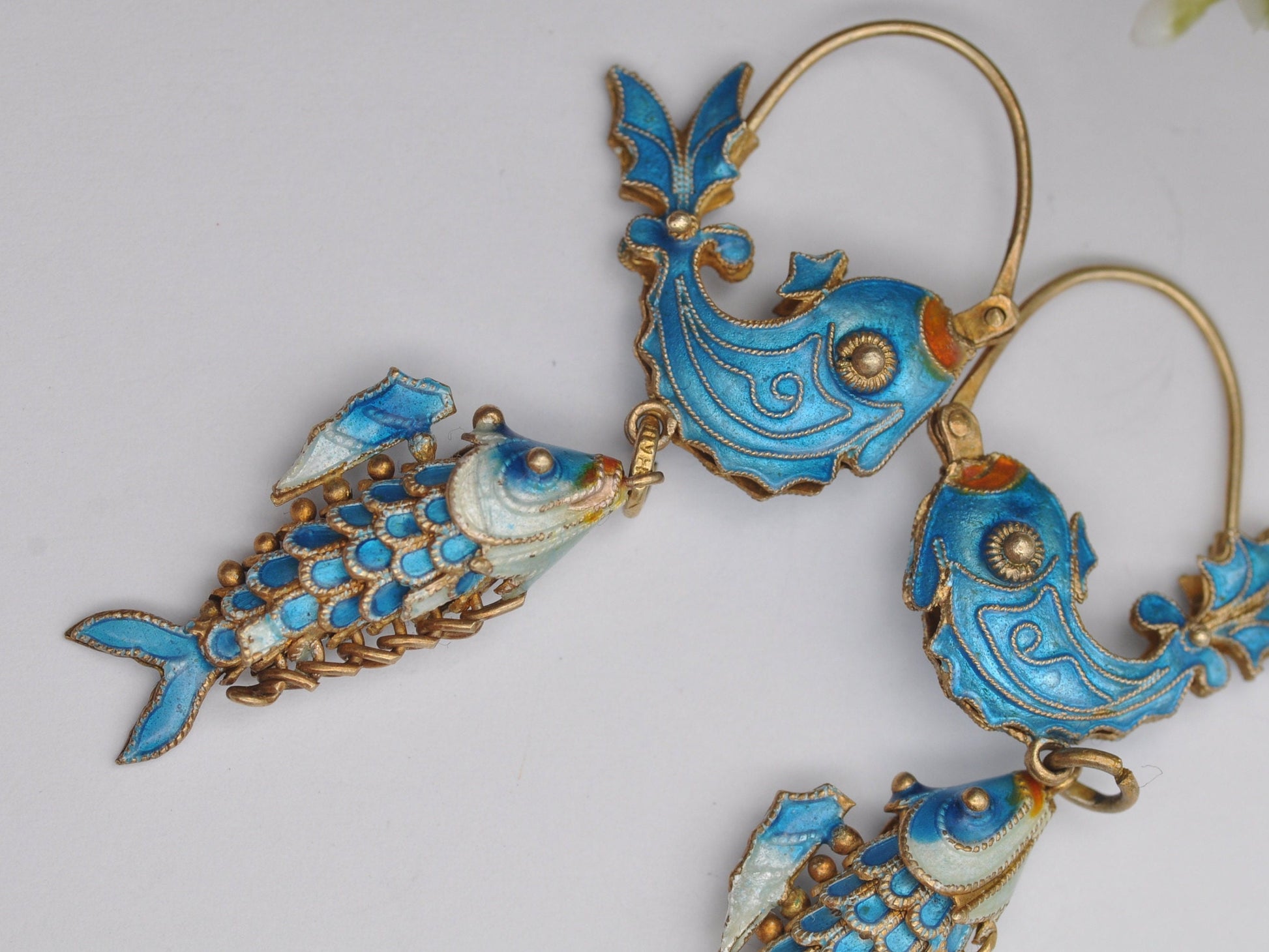 Vintage Chinese Silver Cloisonn�� Enamel Articulated Fish Drop Earrings