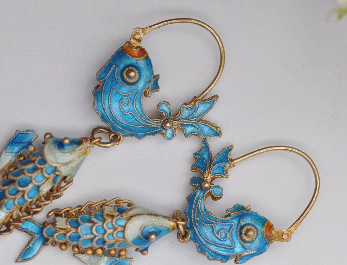 Vintage Chinese Silver Cloisonn�� Enamel Articulated Fish Drop Earrings