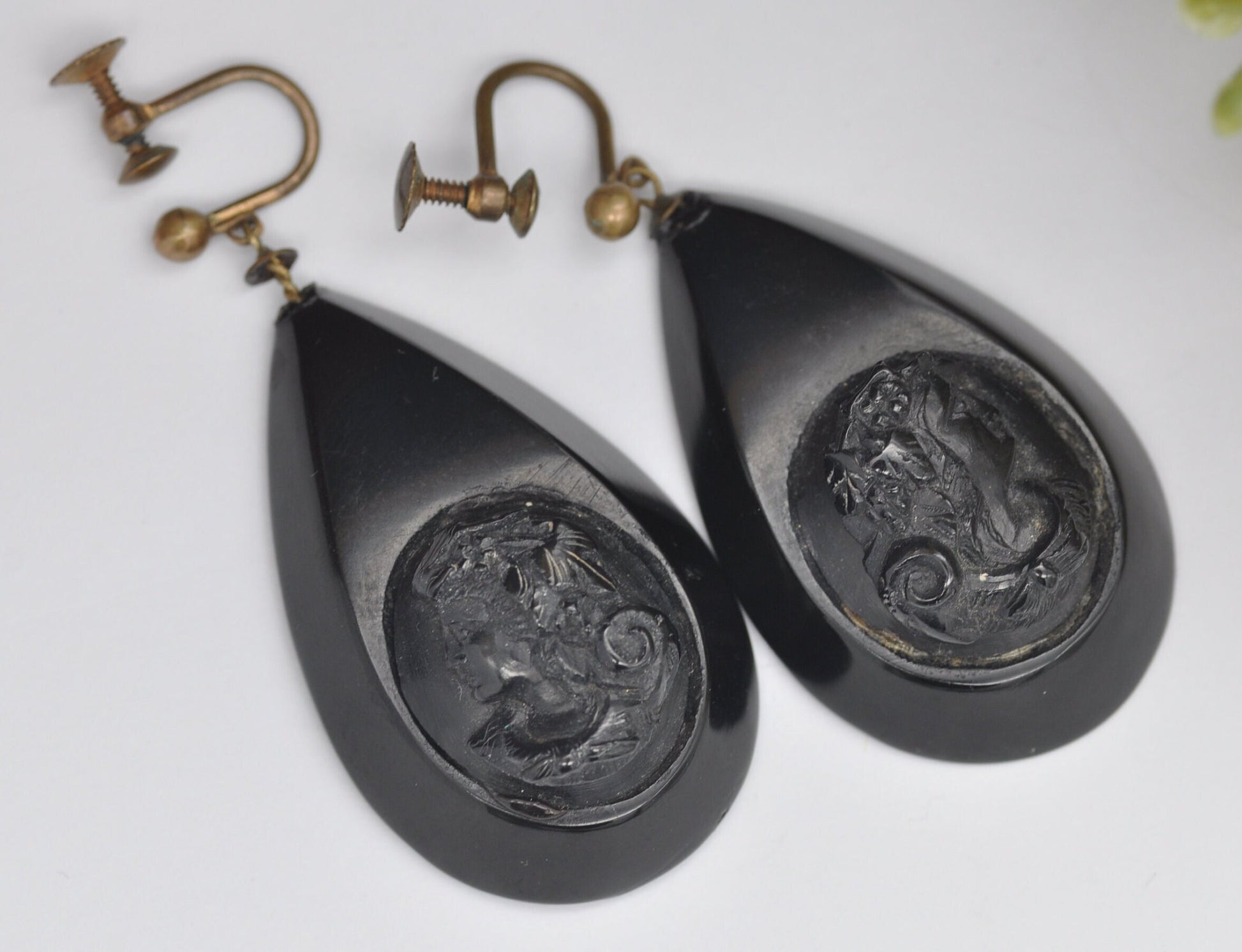 Antique Victorian Jet Cameo Earrings Screw Back