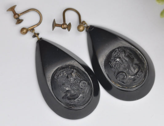 Antique Victorian Jet Cameo Earrings Screw Back