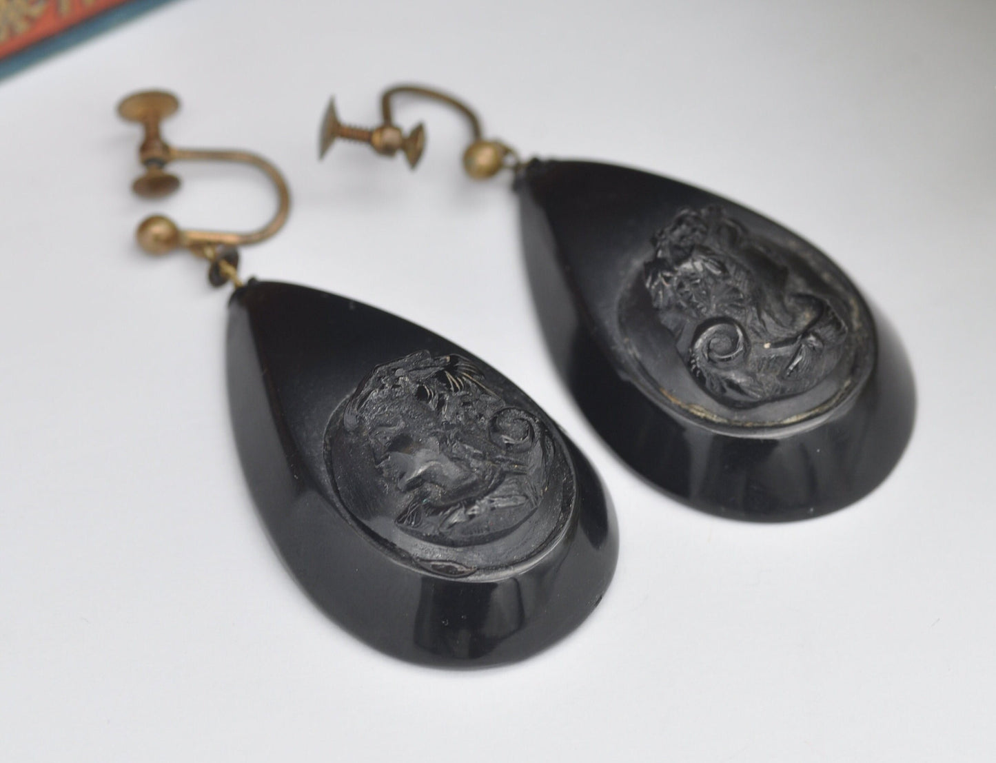 Antique Victorian Jet Cameo Earrings Screw Back