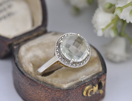 Sterling Silver Faceted Prasiolite Solitaire Ring - Gold Plated | Pale Green Stone | UK Size - R | US Size - 8 1/2