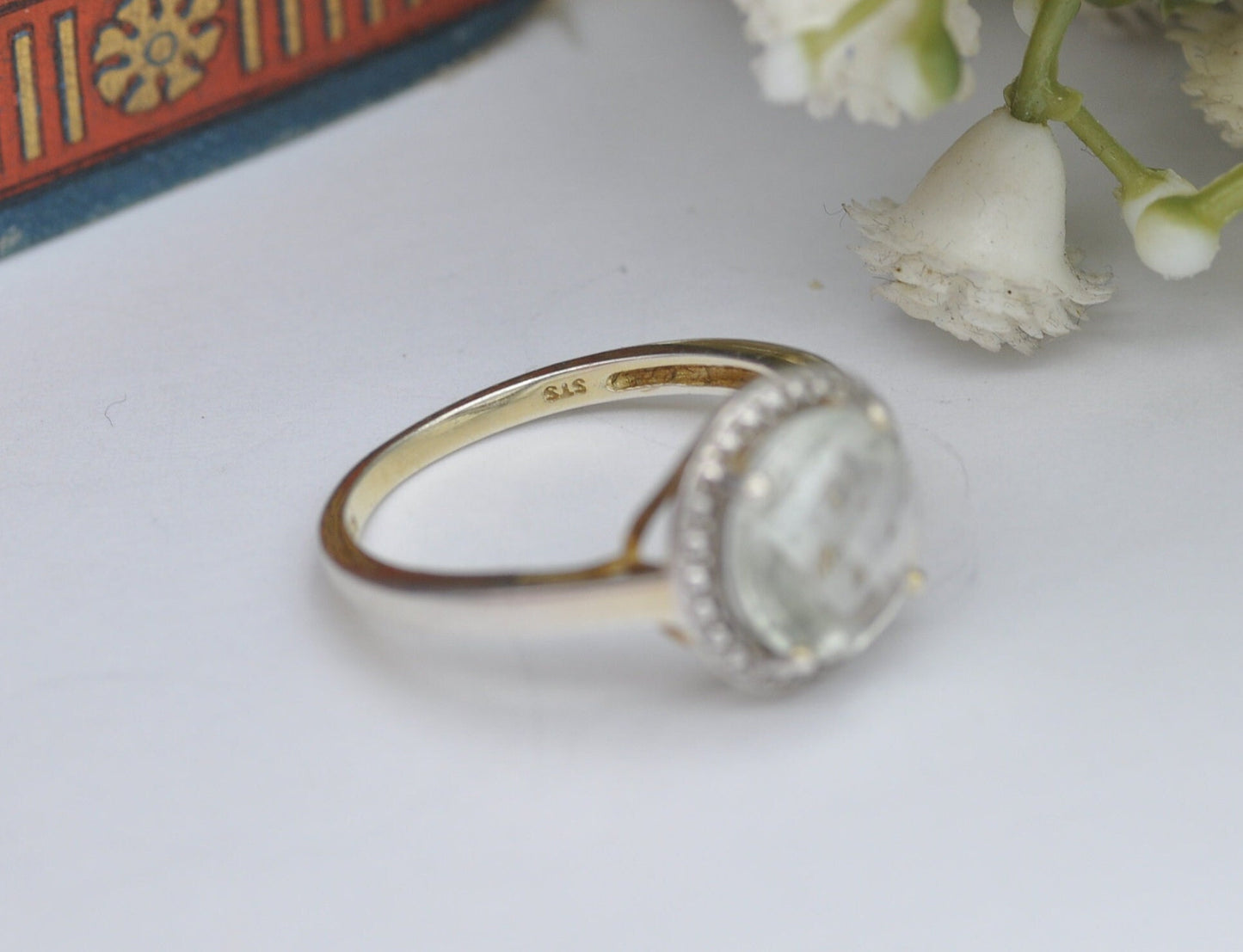 Sterling Silver Faceted Prasiolite Solitaire Ring - Gold Plated | Pale Green Stone | UK Size - R | US Size - 8 1/2