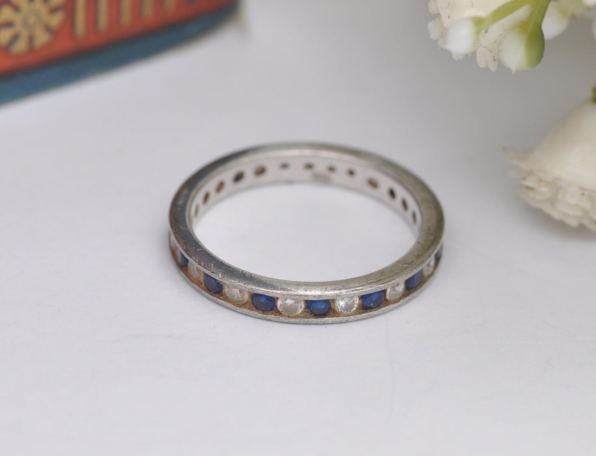 Vintage Sterling Silver Eternity Ring with Channel Set Blue and Clear Stones