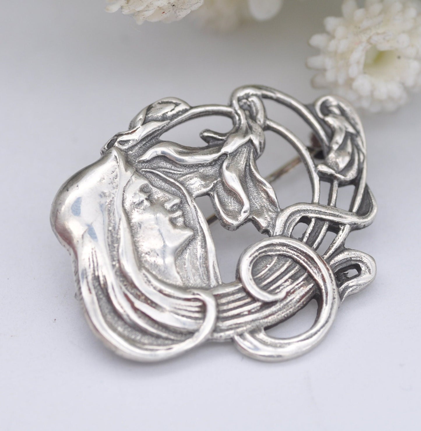 Vintage Sterling Silver Art Nouveau Style Face Brooch - Floral Portrait | Flower Girl