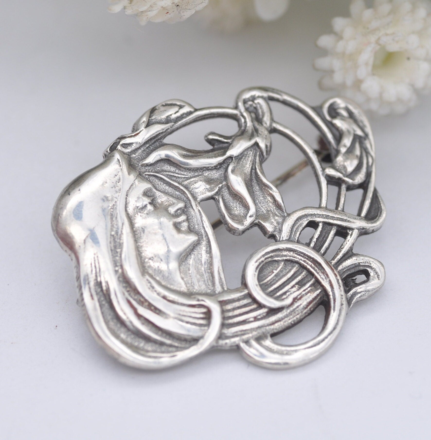 Vintage Sterling Silver Art Nouveau Style Face Brooch - Floral Portrait | Flower Girl