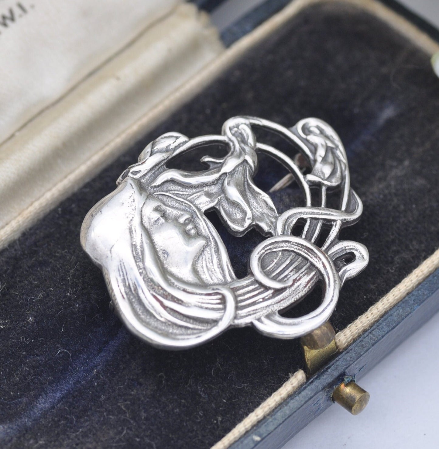 Vintage Sterling Silver Art Nouveau Style Face Brooch - Floral Portrait | Flower Girl