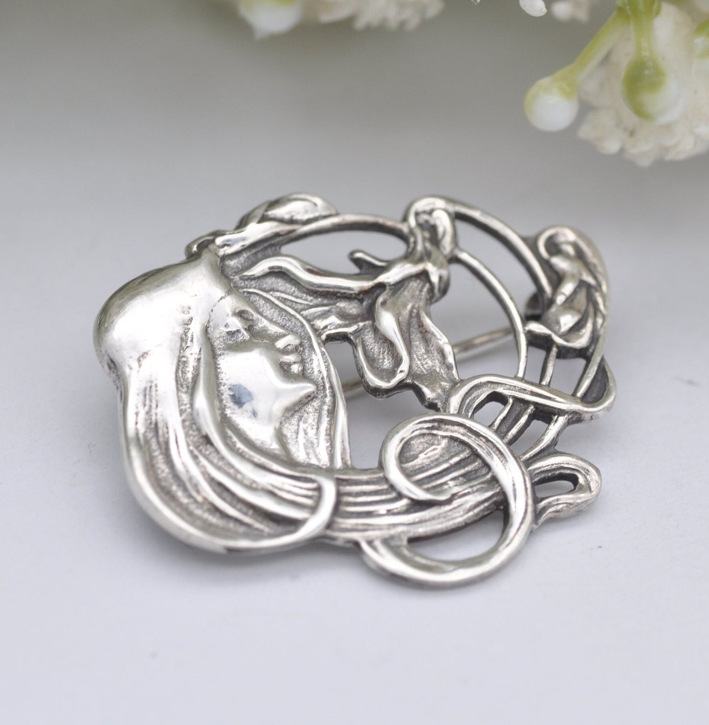 Vintage Sterling Silver Art Nouveau Style Face Brooch - Floral Portrait | Flower Girl