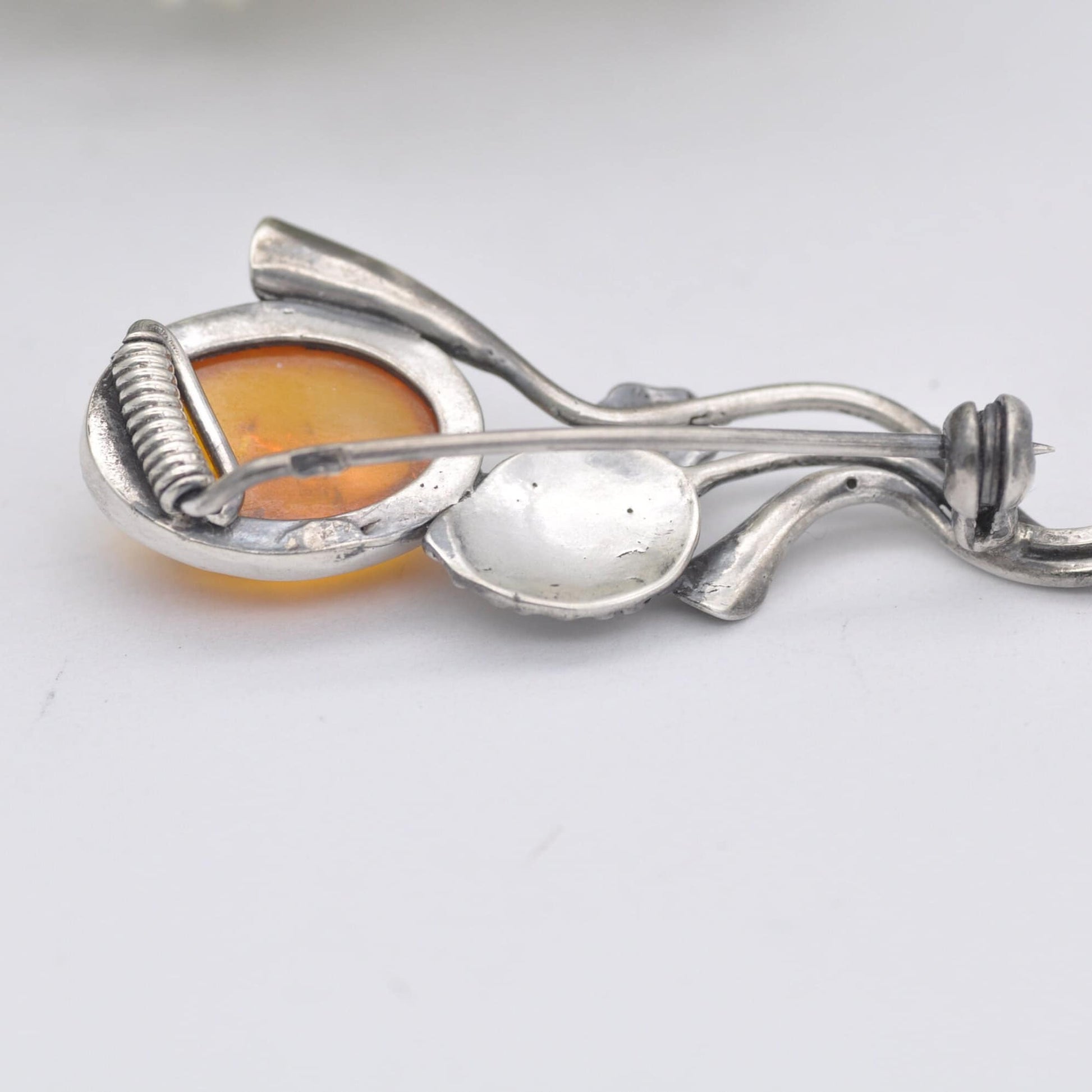 Vintage Sterling Silver Amber Flower Brooch