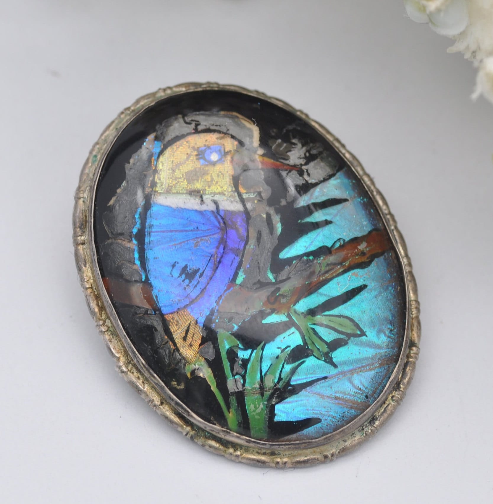 Antique Sterling Silver Butterfly Wing Bird Brooch - Kingfisher Scene