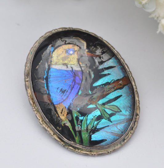 Antique Sterling Silver Butterfly Wing Bird Brooch - Kingfisher Scene