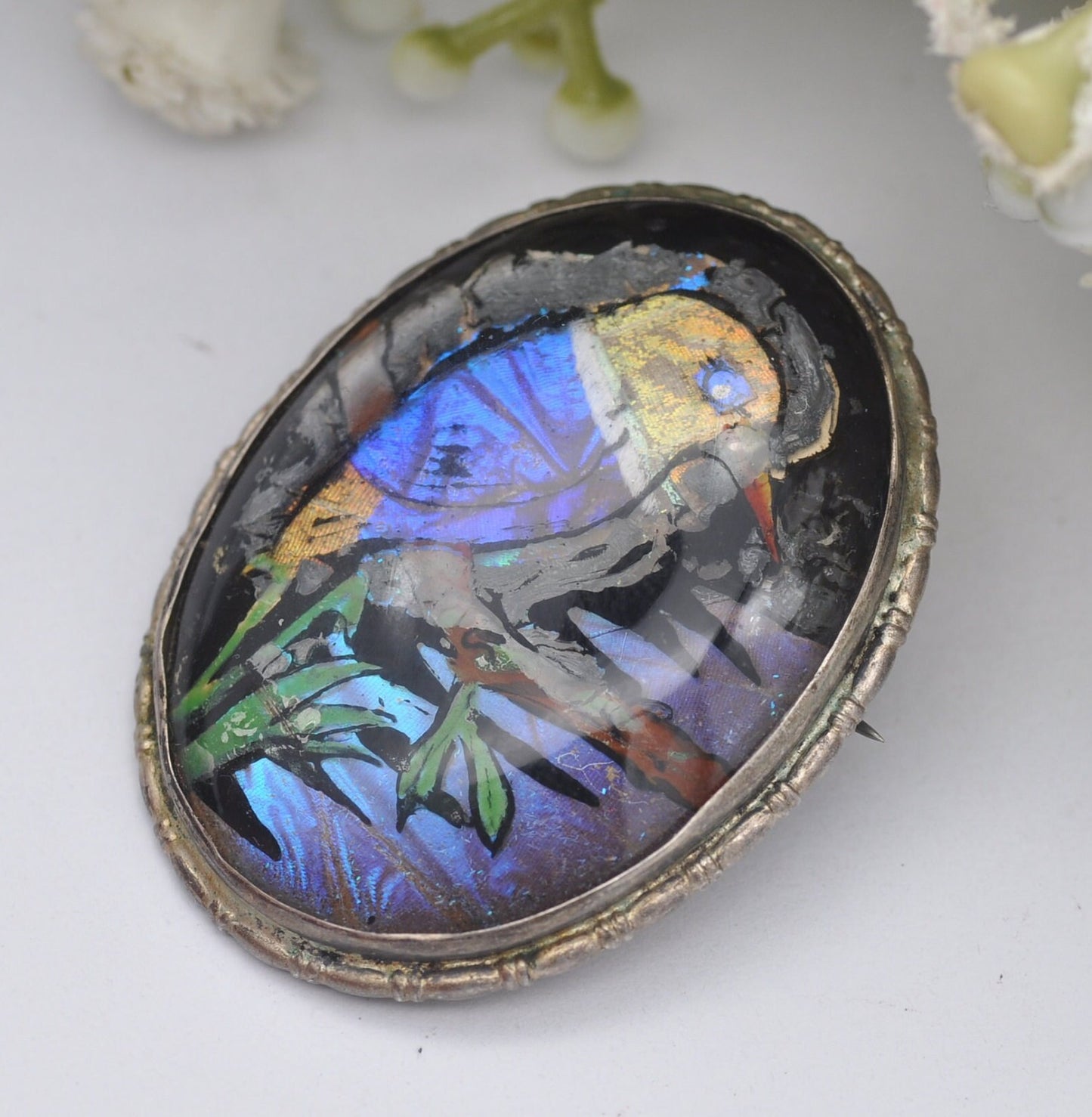 Antique Sterling Silver Butterfly Wing Bird Brooch - Kingfisher Scene