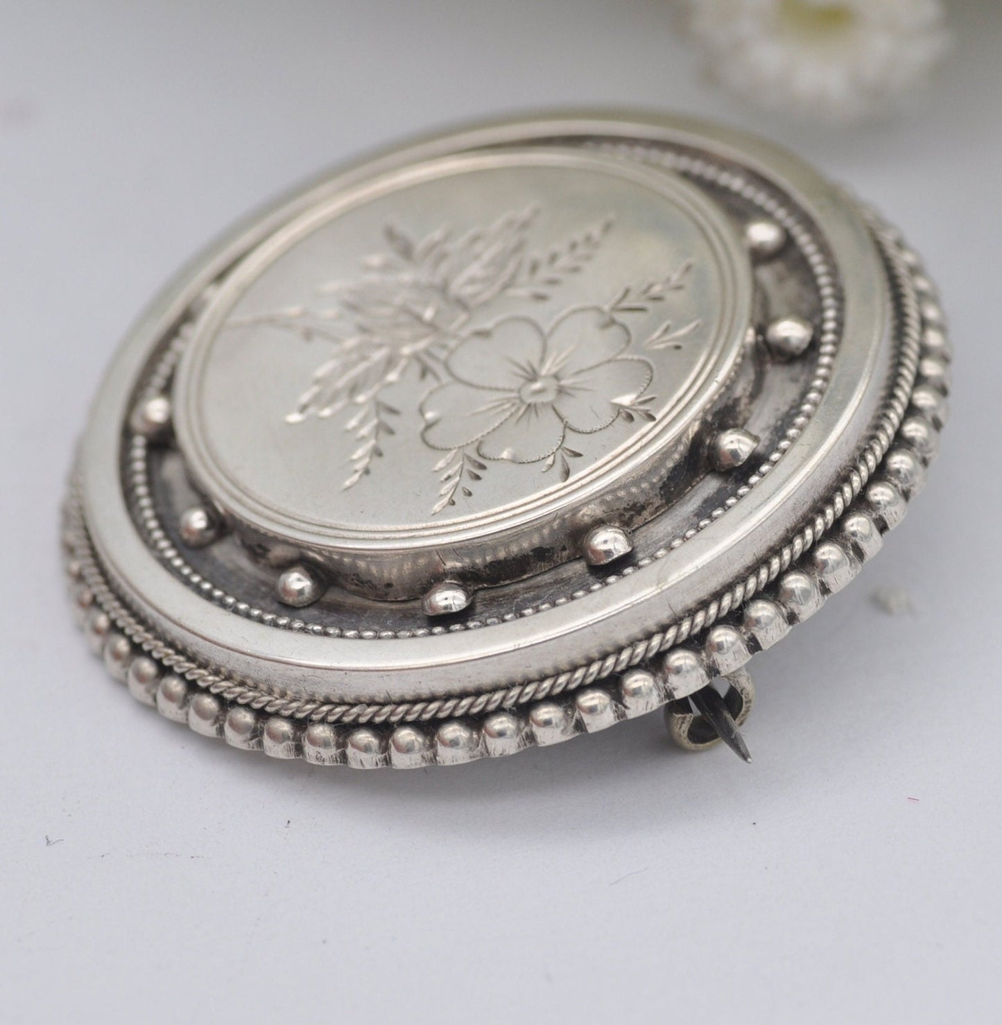 Antique Victorian Sterling Silver Sentimental Brooch - Flower Brooch with Secret Locket Compartment